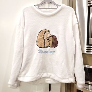 White Fleece Top with "Hedgehugs" Hedgehog Embroidery